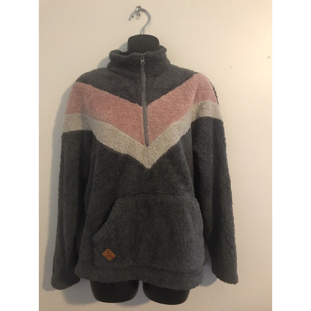 Woman SIMPLY SOUTHERN Fleece PULLOVER JACKET Size M Grey & Pink Striped